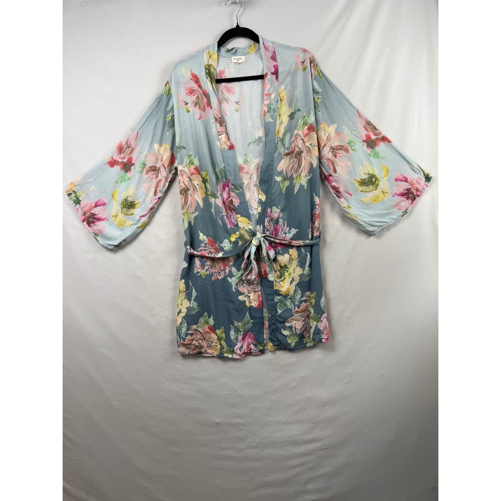 World Market Kimono Robe Womens Free Size Blue Floral Rayon Tie Waist Cottage